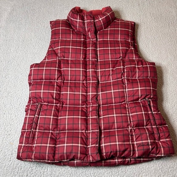 Eddie Bauer Vest Womens Large‎ Red Premium Goose Down Quilted Puffer Full Zip - Picture 1 of 12